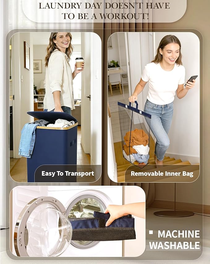 Laundry Hamper with Wheels, 75L Large Clothes Hamper with Removable Inner Bag, Collapsible Dirty Clothes Basket for Dorm, Rolling Dirty Clothes Basket for, Bedroom, Bathroom, Laundry Room