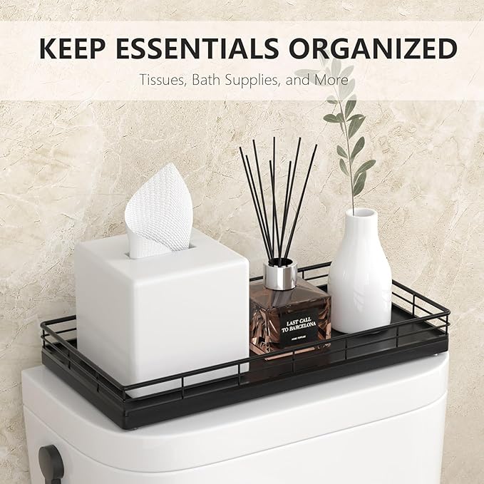 Toilet Paper Basket Organizer – Oak Wood Toilet Tank Tray with Metal Frame, Bathroom Counter Top Storage for Toilet Paper, Wipes & Decor, Modern Narrow Back of Tank Shelf Organizer, Black
