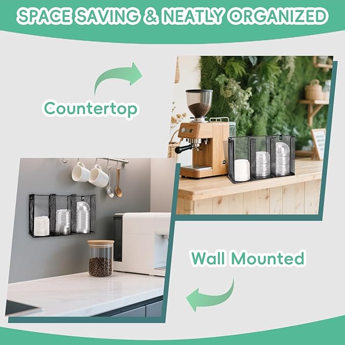 Wall Mount Coffee Cup Lid Holder Organizer 3 Compartments Coffee Cup Lid Dispenser Black Metal Mesh Disposable Cup and Lid Storage for 8-24 Oz Capacity Cup Lid Kitchen Restaurant Coffee Bar Office