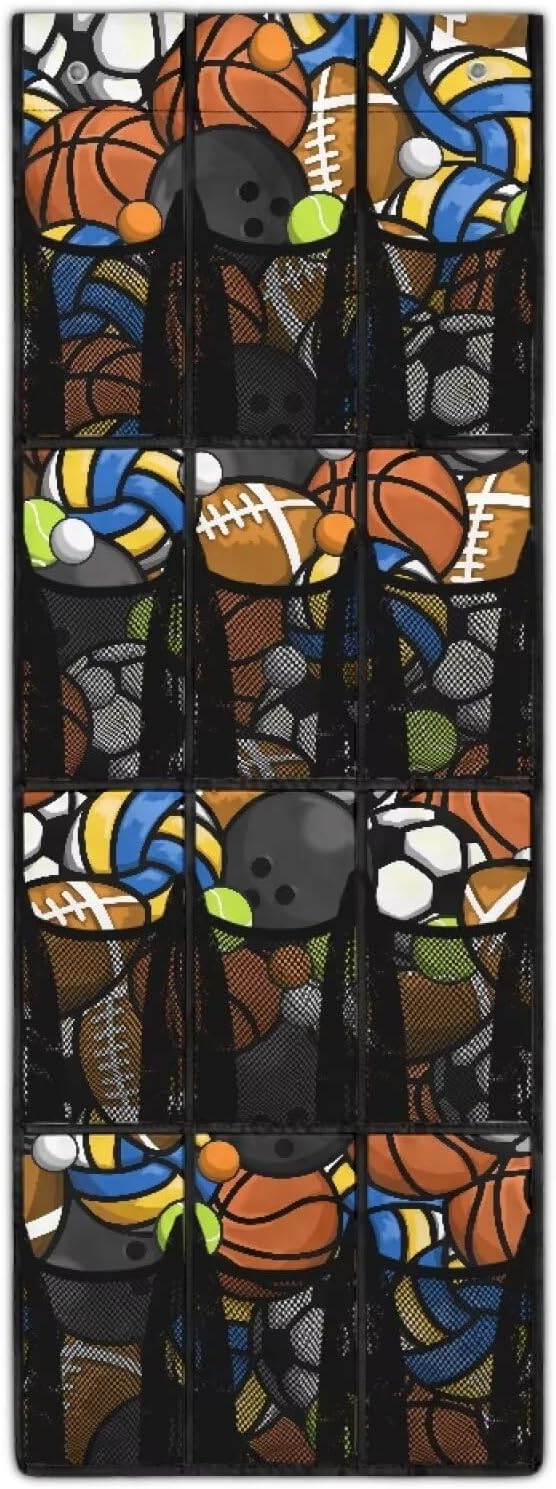 Ball Shoe Organizer Door Hanger Heavy Duty Oxford Over the Door Organizer with 12 Large Mesh Pockets Behind the Door Rack for Toys Snacks Shoes Hats Space Saving