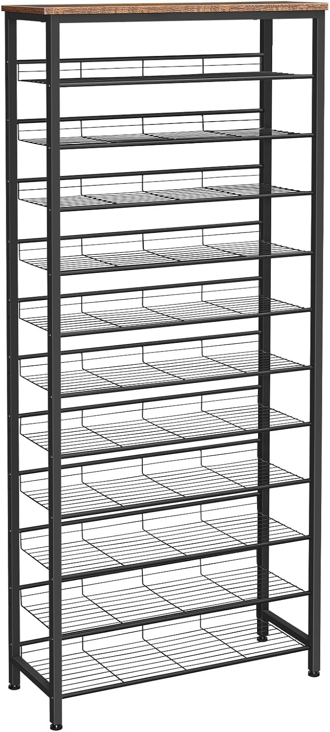 HOOBRO Shoe Rack for Entryway, 12-Tier Shoe Storage Organizer, Large Capacity for 33-36 Pairs of Shoes, Standing Shoe Shelf, Closet, Hallway, Adjustable Mesh Shelves, Rustic Brown and Black BF51XJ01
