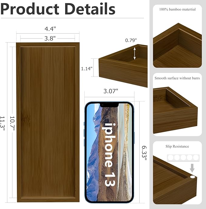 ZHWS Bathroom Vanity Tray for Toilet Tank, Perfume, Jewelry, Candle, Makeup, Decorative Tray, Kitchen Tray Counter Organizer for Soap Dispenser, Coffee Table Brown 11.3”L x 4.4”W x 1.14”H