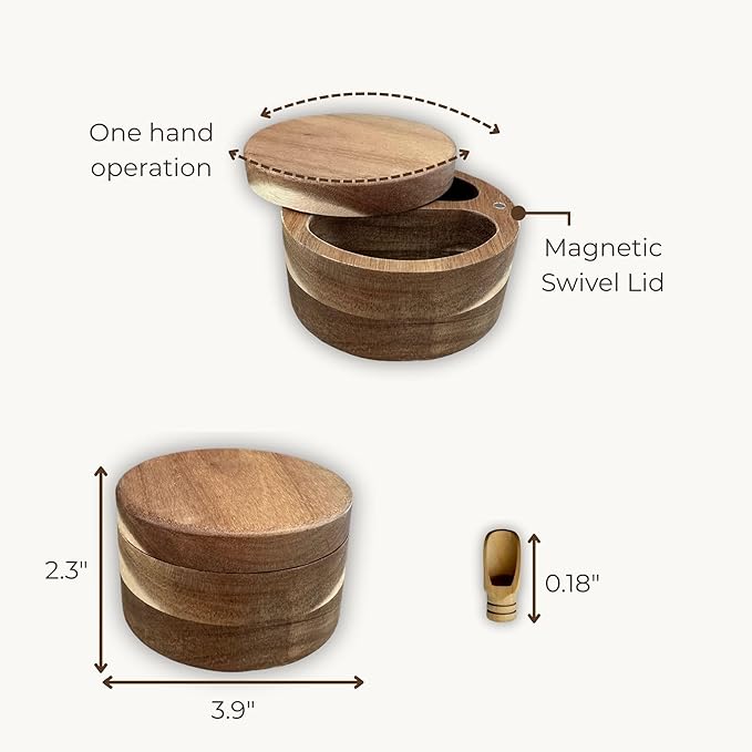 NAZANIN 2-Compartment Acacia Salt Cellar with Magnetic Swivel Lid, Round Salt and Pepper Container, Dual Spice Storage with Magnetic Lid, Multi-Use Spice Box, Measuring Spoon Included