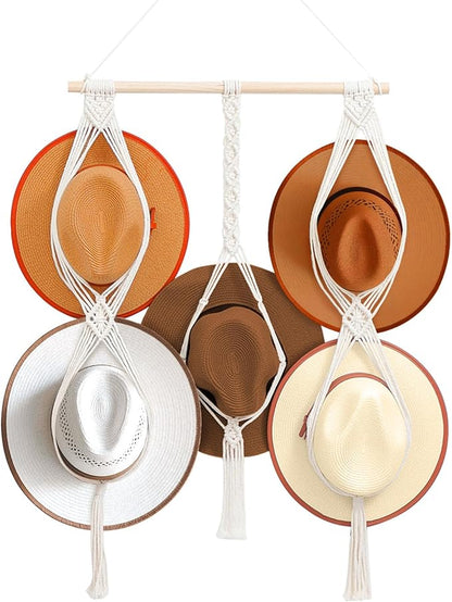 Macrame Hat Hangers 5 Hats Can Be Hung Bohemian Hat Holder Hat Organizer 100% Natural Cotton Can Be Used For Cowboy Hats, Wide-Brimmed Hats, Etc Room Decoration Gifts