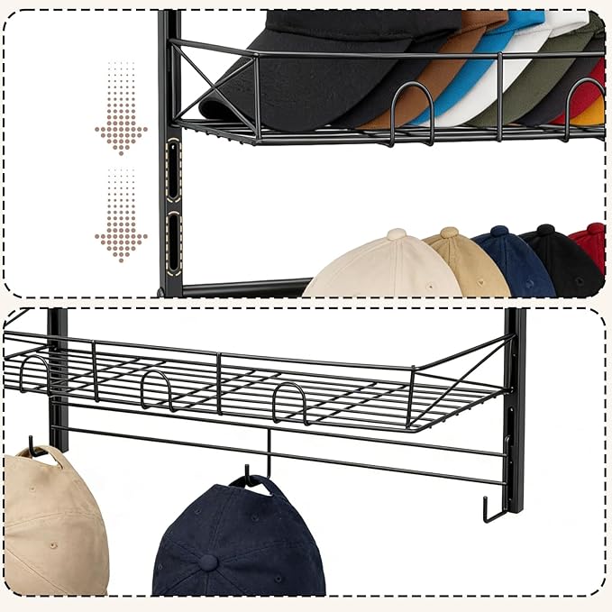 Widousy Over the Door Hat Organizer, 3 Tier Wall Mounted Hat Rack with 2 Adjustable Metal Basket and 3 Hooks, Baseball Cap Organizer Storage up to 29 Caps for Door, Closet, Bedroom