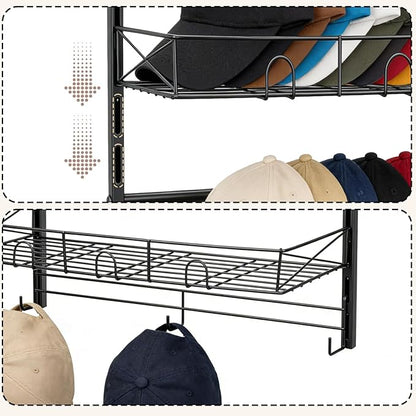 Widousy Over the Door Hat Organizer, 3 Tier Wall Mounted Hat Rack with 2 Adjustable Metal Basket and 3 Hooks, Baseball Cap Organizer Storage up to 29 Caps for Door, Closet, Bedroom