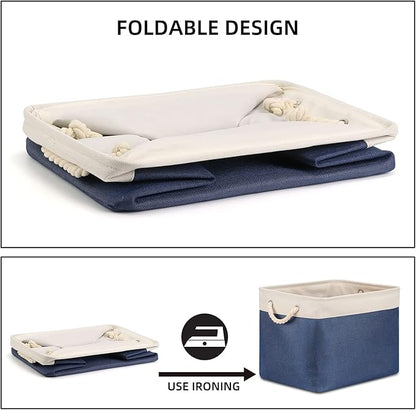 Bidtakay Fabric Storage Baskets with Handles for Organizing 16" x 11.8" x 11.8" Navy Blue Baskets [2-Pack] Shelf Baskets Large Canvas Collapsible Bins for Closet (White&Blue)