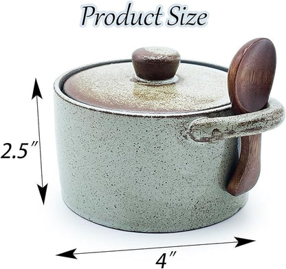 Ceramic Salt Cellar With Lid & Spoon,12oz Salt Container For Countertop,Sugar Bowl,Spice Jar(Coarse Pottery Color B)