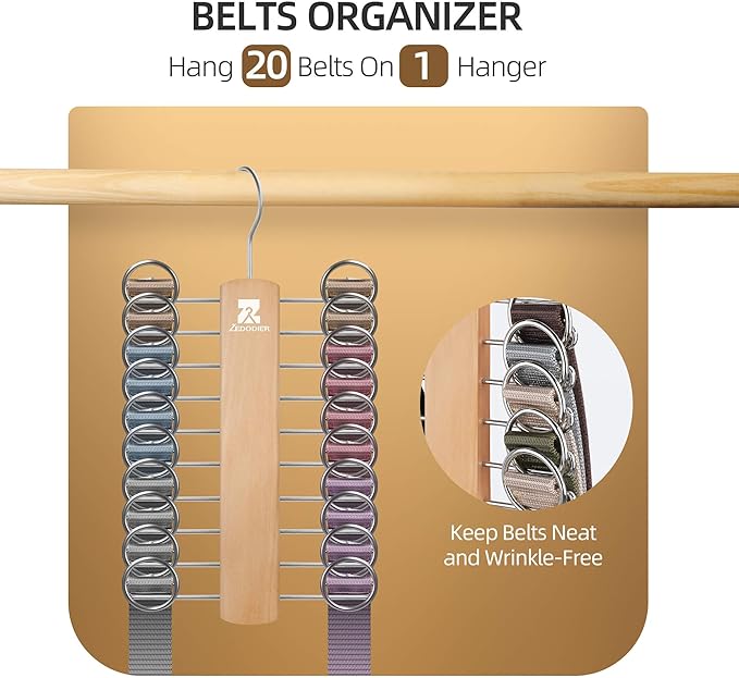 ZEDODIER Wooden Tie Rack, Tie Hanger for Men Closet, 20 Storage Capacity, Non-Slip Rotatable Tie Organizer, Hanging Space Saving Holder, Natural