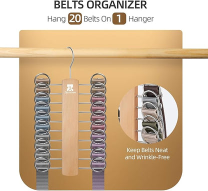 ZEDODIER Wooden Tie Rack, Tie Hanger for Men Closet, 20 Storage Capacity, Non-Slip Rotatable Tie Organizer, Hanging Space Saving Holder, Natural