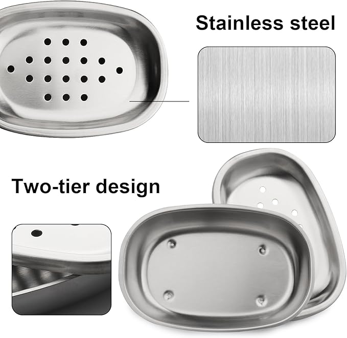 Stainless Steel Soap Dish with Double Layer Draining for Bathroom, Chrome Brushed Nickel Soap Box with Drainage, Shower Countertop Tray (Dots)