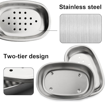 Stainless Steel Soap Dish with Double Layer Draining for Bathroom, Chrome Brushed Nickel Soap Box with Drainage, Shower Countertop Tray (Dots)