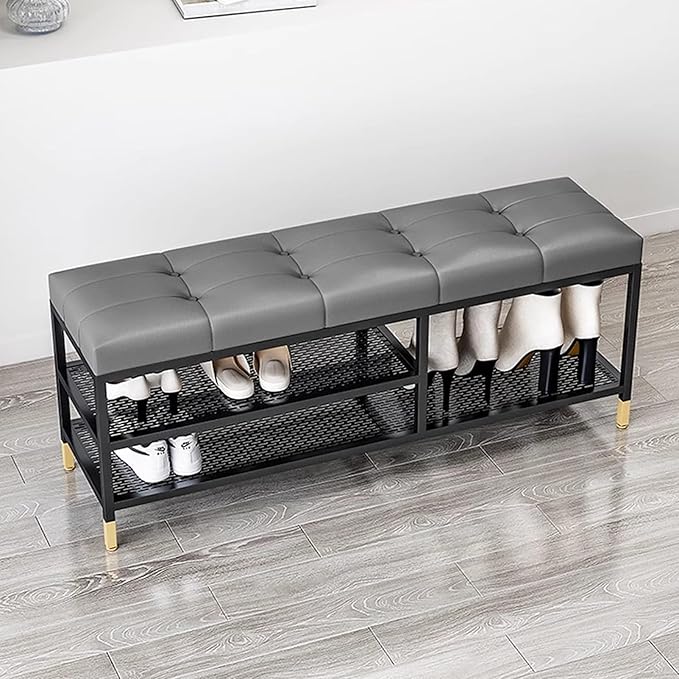 3 Tier Shoe Organizer for Entryway, Shoe Racks with Cushion, Black Metal Frame Hallway Bench for Living Room Bedroom,Gray,60 x 32 x 47 cm
