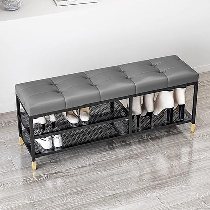 3 Tier Shoe Organizer for Entryway, Shoe Racks with Cushion, Black Metal Frame Hallway Bench for Living Room Bedroom,Gray,60 x 32 x 47 cm