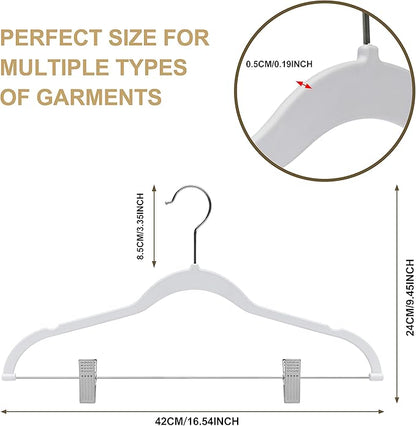 80 Pack White Quality Plastic Non Velvet Non-Flocked Thin Compact Coat Hangers with Metal Clips for Skirts Pants Blouses 360° Swivel Hook