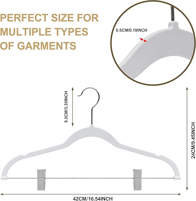 Quality Plastic Non Velvet Non-Flocked Thin Compact Coat Hangers with Metal Clips for Skirts Pants Blouses 360° Swivel Hook (White, 20)