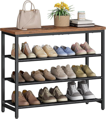 HOOBRO Shoe Rack with 3 PU Shelves, 4-Tier Shoe Storage Organizer for Closet and Entryway, Holds 9-12 Pairs of Shoes, Sturdy Metal Frame, Small Spaces, Rustic Brown and Black BF94XJ01