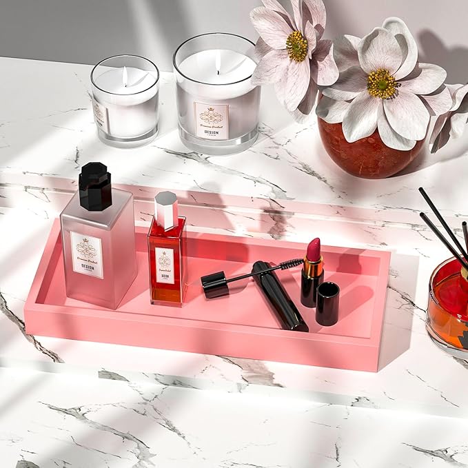 ZHWS Bathroom Vanity Tray for Perfume Decor Toilet Tank Candle Toiletries, Kitchen Tray for Soap Dispenser Spice Salt Coffee, Bamboo Nightstand Tray 11.3”x4.4” (Pink)