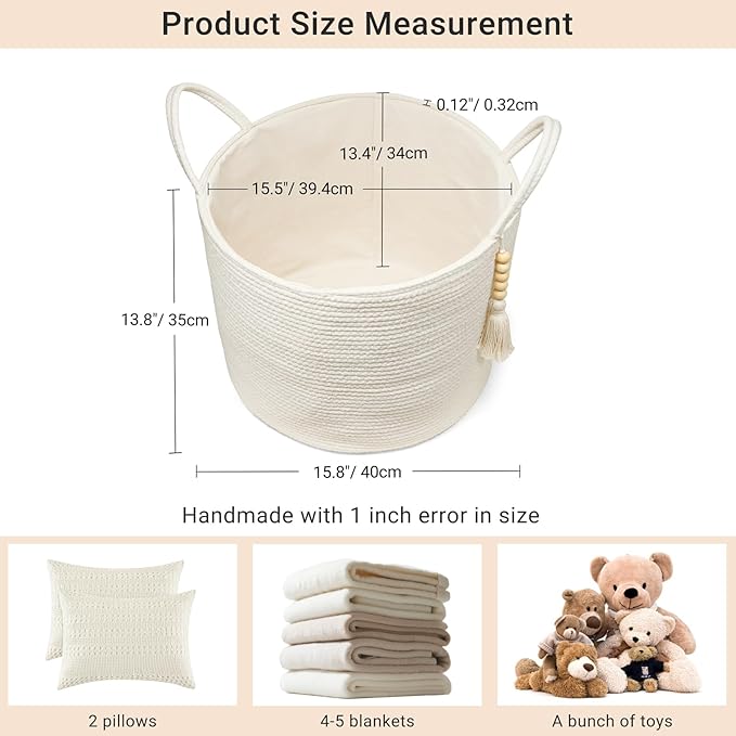Mkono Woven Storage Basket Decorative Natural Rope Basket Wooden Bead Decoration for Blankets,Toys,Clothes,Shoes,Plant Organizer Bin with Handles Living Room Home Decor, White, 16" W × 13.8"L