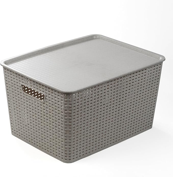 BINO | Plastic Storage Baskets with Lids, 33 Liter - 3 Pack, Natural Grey | THE WOVEN COLLECTION | Storage Basket for Shelves | Woven Storage Baskets for Organizing Bins | Pantry Shelf Organizer Bin