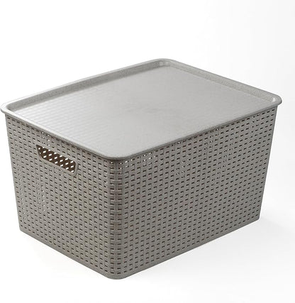 BINO | Plastic Storage Baskets with Lids, 33 Liter - 3 Pack, Natural Grey | THE WOVEN COLLECTION | Storage Basket for Shelves | Woven Storage Baskets for Organizing Bins | Pantry Shelf Organizer Bin