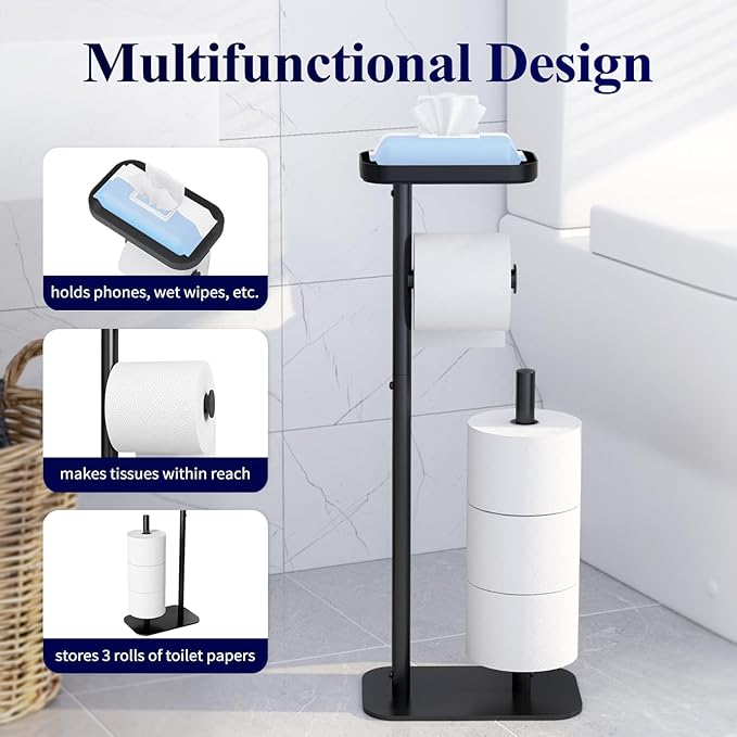 Kitsure Toilet Paper Holder Free Standing – Rustproof Metal Toilet Paper Stand for 4 Rolls with Anti-Slip Base and Shelf for Phone & Small Items, Bathroom Organizers and Storage, Medium, Black, 2Pack