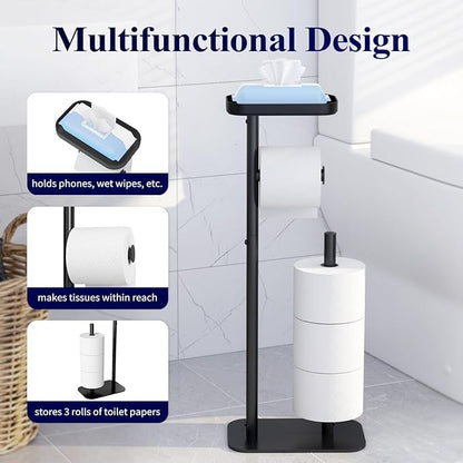 Kitsure Toilet Paper Holder Free Standing – Rustproof Metal Toilet Paper Stand for 4 Rolls with Anti-Slip Base and Shelf for Phone & Small Items, Bathroom Organizers and Storage, Medium, Black, 2Pack