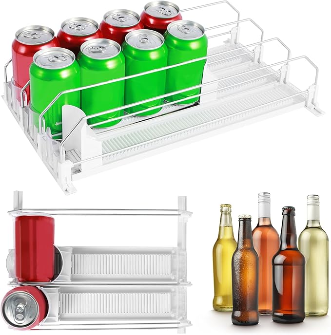 Drinks Organizer for Fridge Self-Sliding Soda Can Dispenser Adjustable Width Fridge Organizer Drinks Dispenser 3 Rows Can Organizer with Locking Design Holds 12 oz 16 oz 20 oz for Cola Juice