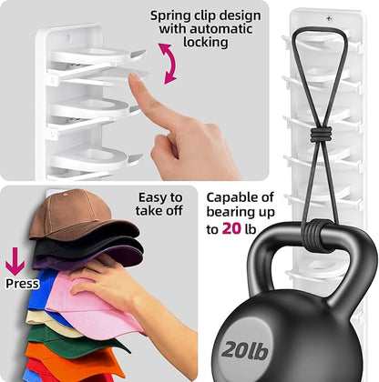 Spring Clip Hat Organizer for Baseball Caps – 2 Pack, Wall Hat Rack for Door & Closet – Keeps 20 Hats Tidy in Garage, Dorm, Man Cave – Multi-Layer Cap Storage (White)