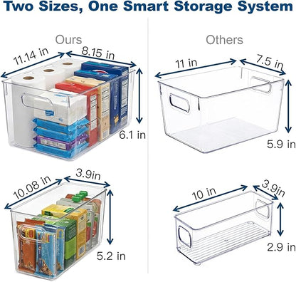 MOONEDGE Set of 12 Clear Plastic Storage Organizer Bins – 4 Large and 8 Small Nestable Space-Saving System for Under-Sink, Bathroom, Kitchen, Fridge & Cabinet Organization