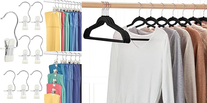 HOUSE DAY Black Velvet Hangers 60P & 20P Leggings Organizers Hangers Clips