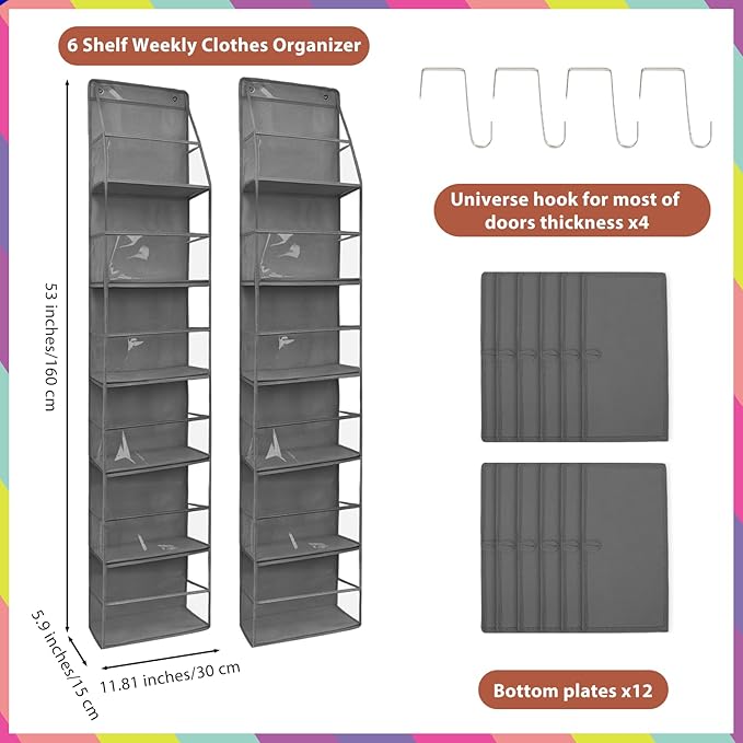 2 Pcs 6-Shelf Weekly Clothes Organizer for Kids Daily Hanging Closet Organizer with 2 Sets Week Day Stickers Foldable Days of The Week Behind Door Hanging Storage Shelves