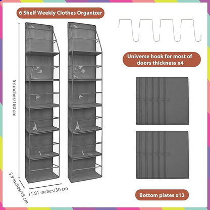 2 Pcs 6-Shelf Weekly Clothes Organizer for Kids Daily Hanging Closet Organizer with 2 Sets Week Day Stickers Foldable Days of The Week Behind Door Hanging Storage Shelves