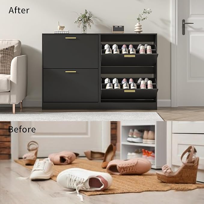 JOZZBY Shoe Cabinet Storage for Entryway, Freestanding Narrow Slim Shoe Organizer Cabinet with 2 Flip Drawers, Wooden Shoe Rack for Hallway, Living Room, Black1