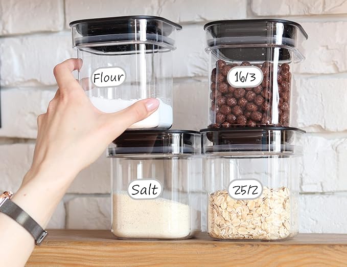 Waterproof Vinyl Kitchen Labels for OXO POP Containers, Removable Writable Food Storage Stickers, Tear-Resistant Pantry Organization Decals for Plastic, Glass Jars, 2 Assorted Sizes, 64 Pack