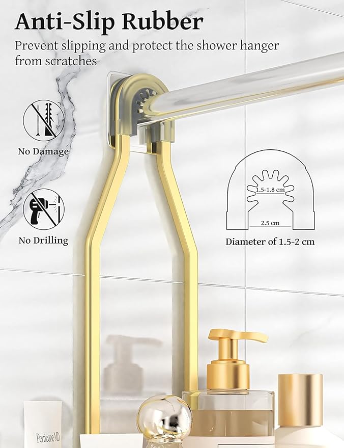 YASONIC Never-Rust Aluminum Hanging Shower Caddy – Over-the-Showerhead Organizer with 10 Hooks for Razor and Sponge – Includes Soap Basket – Gold