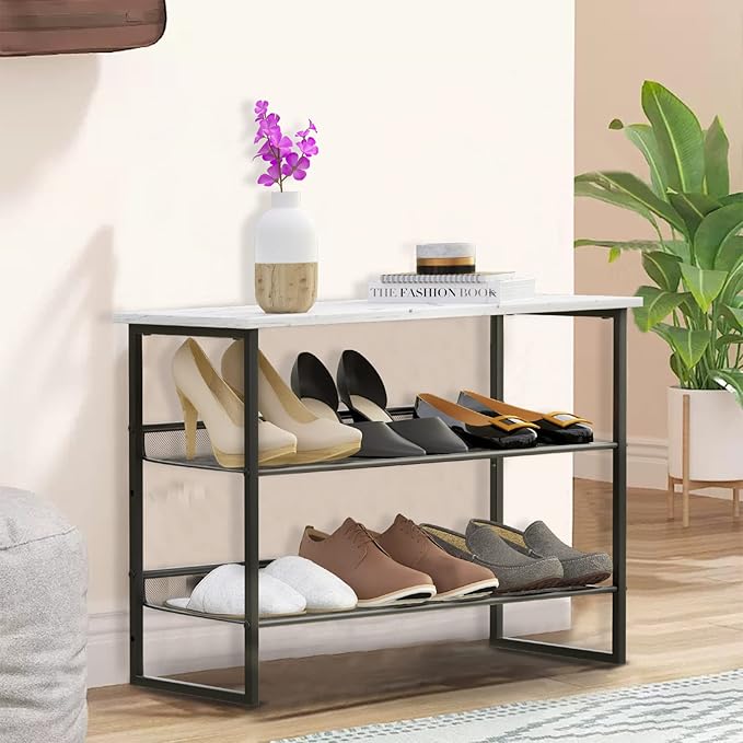 Garden 4 you Shoe Rack for Entryway 3 Tiers 11.8" D x 25" W x 20" H, Metal Shoe Rocks with White Wooden Tabletop, Angled Shoes Rack with Adjustable Mesh Shelves for Entryway Hallway Closet