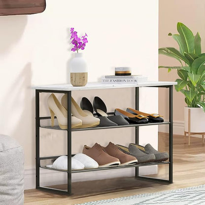 Garden 4 you Shoe Rack for Entryway 3 Tiers 11.8" D x 25" W x 20" H, Metal Shoe Rocks with White Wooden Tabletop, Angled Shoes Rack with Adjustable Mesh Shelves for Entryway Hallway Closet