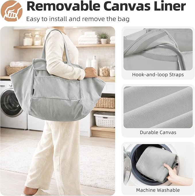 STORAGE MANIAC Collapsible Laundry Cart with Wheels 35.6"H Removable Canvas Bag Rolling Laundry Hamper Clothes Basket with Wheels, Sturdy Steel Frame Folding for Small Narrow Space Easy Storage, Grey