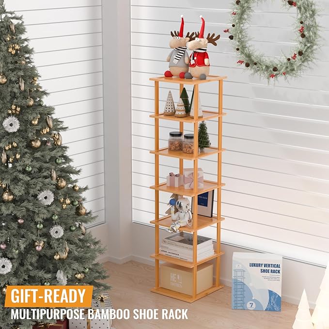 MHXW SXPN Bamboo Free Standing Shoe Rack Shelf Multi Tier Tall Wooden Stackable Shoes Rack Organizer for Closet Front Door Entrance Narrow Vertical Shoe Storage (Nature, 7 Tiers)