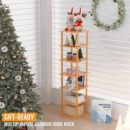 MHXW SXPN Bamboo Free Standing Shoe Rack Shelf Multi Tier Tall Wooden Stackable Shoes Rack Organizer for Closet Front Door Entrance Narrow Vertical Shoe Storage (Nature, 7 Tiers)