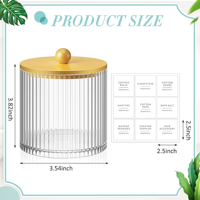 Yaomiao 6 Pcs Ribbed Bathroom Canisters Apothecary Jars with Golden Bamboo Lids and Label Stickers, 18 oz Plastic Canister with Fluted Design for Cotton Ball, Swab, Floss Picks House Storage
