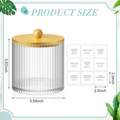 Yaomiao 6 Pcs Ribbed Bathroom Canisters Apothecary Jars with Golden Bamboo Lids and Label Stickers, 18 oz Plastic Canister with Fluted Design for Cotton Ball, Swab, Floss Picks House Storage