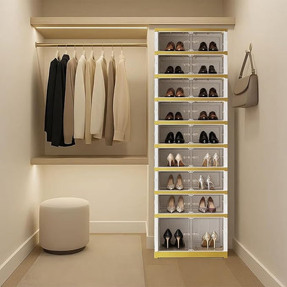 SYNCVIBE Shoe Rack Organizer for Closet Entryway Foldable Sneaker Storage Shoe, Collapsible Shoe Cabinet, Stackable Shoe Storage Cabinet with Lids for Living Room (9 Tiers -18 Pairs White Gold)