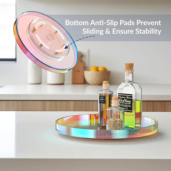 NiHome 9 Inch Turntable Acrylic Vanity Organizer Tray for Condiments Cosmetics, Multipurpose Non-Slip Decorative Tray Organizer for Kitchen Bathroom Living Space, Modern Minimalist Design(Iridescent)