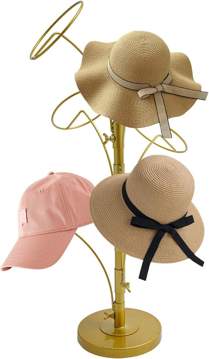 6 Hooks Hat Cap Rack Stand, Adjustable Hooks, Metal Hats Wig Display Hanger for Home Closet Retail Store (Gold)