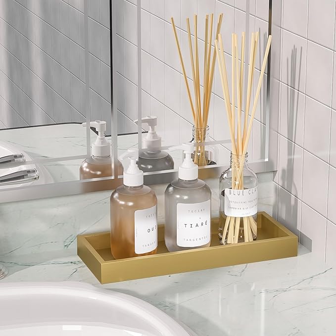 ZHWS Gold Bathroom Vanity Tray for Soap Dispenser, Perfume, Jewelry, Candle, Makeup, Decor, Toilet Tank Tray, Kitchen Tray for Spice, Salt, Coffee 11.3”L x 4.4”W x 1.14”H
