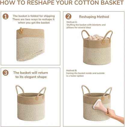 CHICVITA Large Wicker Jute Woven Storage Basket with Handles – Blanket Laundry Basket for Toys Towels Home Decor, White, 14" x 14" x 12"