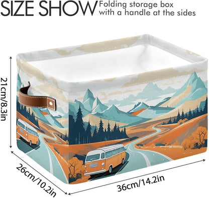 Storage Basket Vintage Camper Van Durable Canvas Collapsible Toy Box Organizer Bin with Handles for Shelf Closet Bedroom Home Office