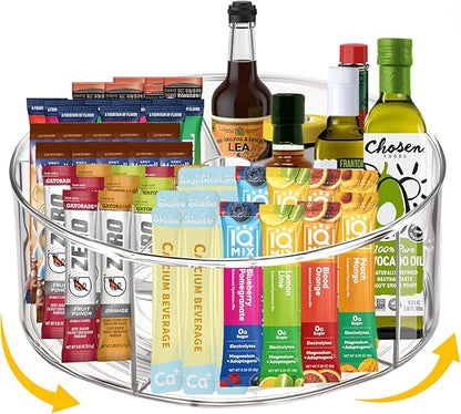 Clear Acrylic Drink Packet Organizer 11.7" x 11.7" x 4.5", 360° Rotating Carousel Lazy Susan Storage Bins Turntable 5-Compartment Dividers for Kitchen Fridge Pantry Powdered Drinks Water Snacks
